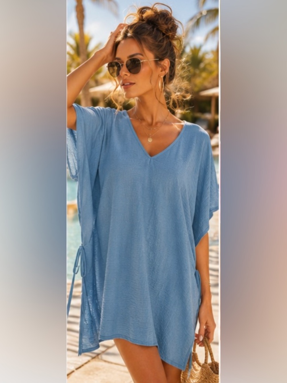 Swim Cover Up Dusty Blue V-Neck Beach Coverup OSFM